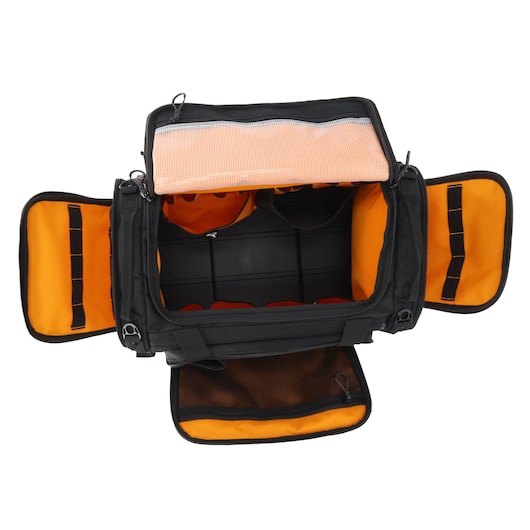Open black and orange tool bag with multiple compartments and pockets visible from above.