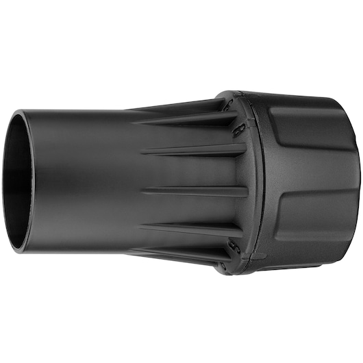 Black plastic DEWALT DWV9000 vacuum adapter with ribbed and cylindrical design, shown on a white background.