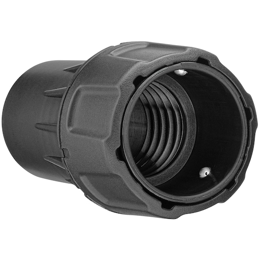 A close-up image of a black plastic threaded adapter component, designed for use with DEWALT products. The adapter features a ridged exterior and interior threading.
