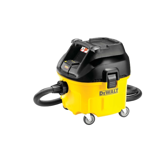 DEWALT yellow and black wet dry vacuum with wheels and hose, shown on a white background.