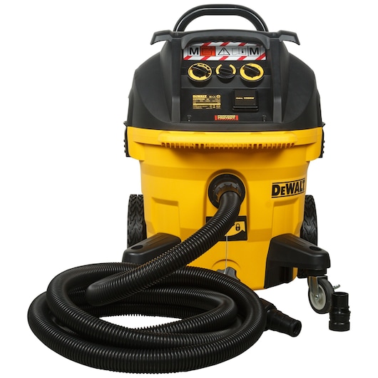 DEWALT DWV902M vacuum cleaner with hose, wheels, and control panel, yellow and black design.