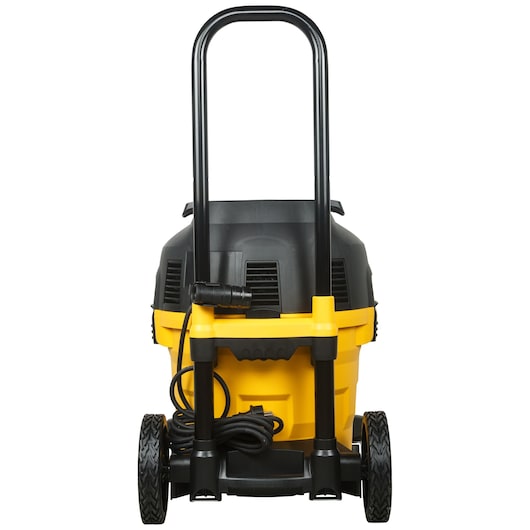 Rear view of a yellow and black DEWALT wet/dry vacuum cleaner with wheels and handle.