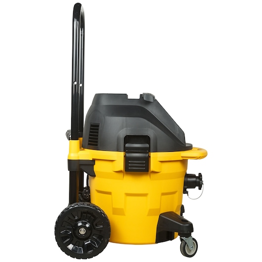Yellow and black DEWALT DWV902M-QS heavy-duty wet/dry vacuum cleaner with wheels for mobility.