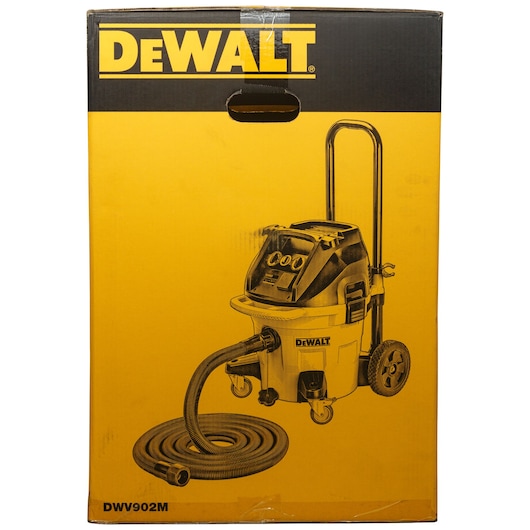 DEWALT DWV902M vacuum cleaner box with product image, yellow and black packaging, handle and hose visible.