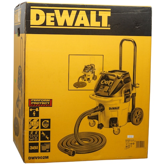 Yellow DEWALT box showing DWV902M vacuum with hose, wheels, and handle. Product features are displayed on the packaging.