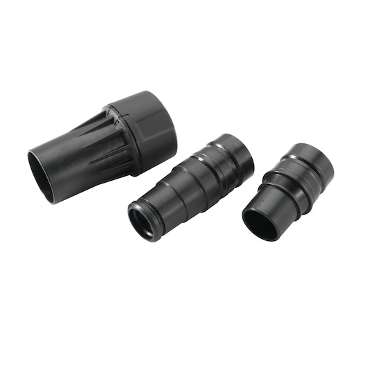 Three black plastic connector adapters for DEWALT vacuum hoses, shown on a white background.