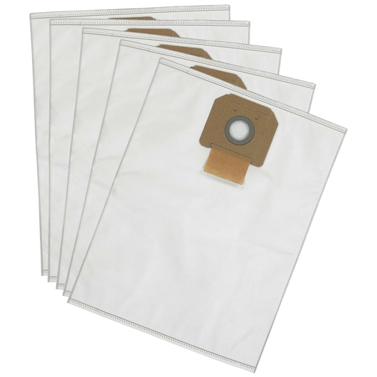 Set of five DEWALT replacement dust bags for vacuum cleaners, shown overlapping and made of white material.