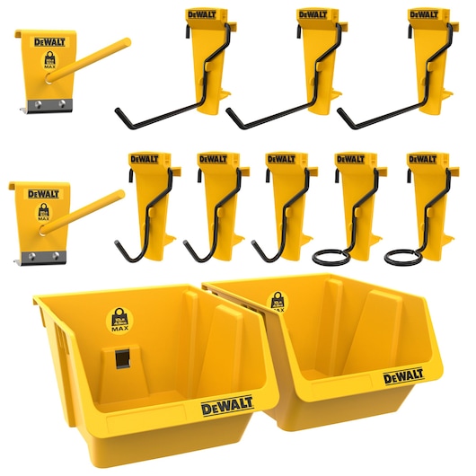 A DEWALT wall-mounted storage kit including yellow tool hooks and holders, two yellow storage bins, and two yellow brackets, designed to organize tools and accessories.