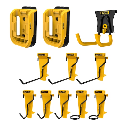 A set of yellow and black DEWALT wall mounts and hooks designed for organizing tools and accessories. The set includes various hooks and brackets in different shapes and sizes for storage solutions.