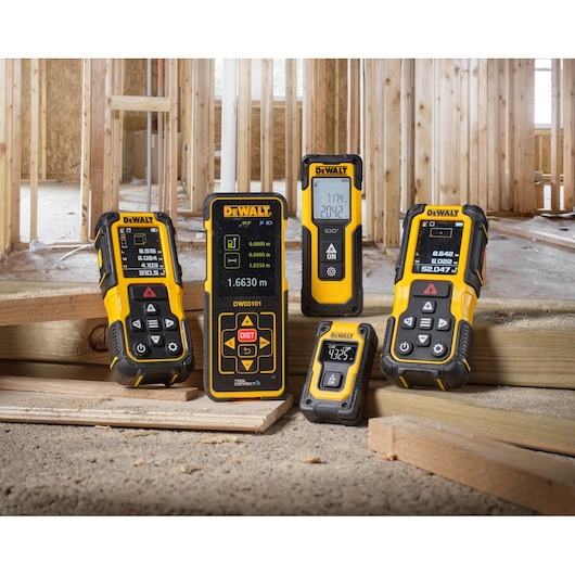 DEWALT photography tools DWHT77200, DW03101, DW055PL, DWHT78200, DWHT77100 shown at a construction site.