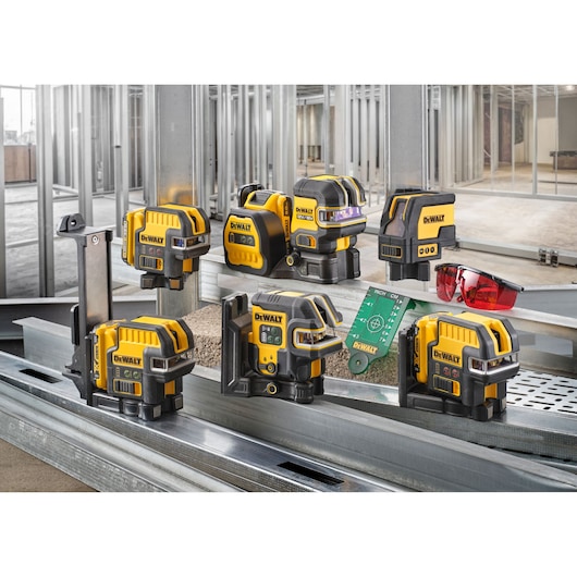 DEWALT photography lasers DCE825NG18, DCLE14251GB, DCE0822D1R, DCE0825D1G, DCE0825D1R, DW0822 in workspace.