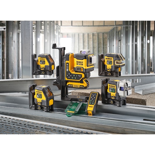 DEWALT photography tools DCLE14301GB, DCLE14251GB, DCLE14201GB, DCLE34035B, DCLE14201RB displayed at a worksite.