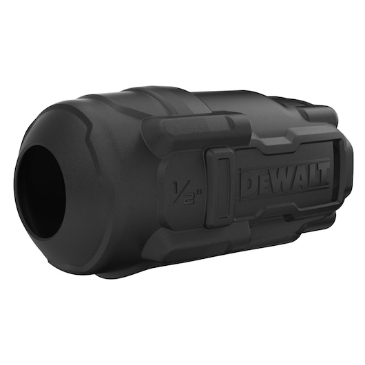 Black DEWALT protective cover for 1/2 inch tool, cylindrical and rugged design.