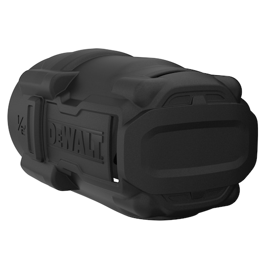 Black rugged DEWALT protective case for photography equipment, cylindrical design, durable and compact.