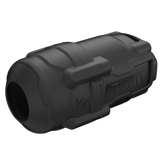 Black DEWALT 1/2 inch protective cover for photography tools, cylindrical design with rugged exterior.