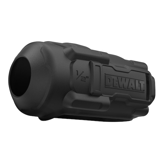 Black DEWALT 1/2 inch protective cover accessory with logo, designed for power tools.