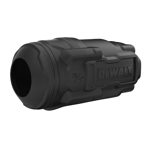 Black DEWALT 3/4-inch protective camera lens cover with rugged design, suitable for photography equipment.