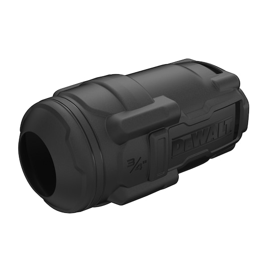 Black DEWALT 3/4 inch cylindrical fitting adapter with rugged exterior, shown on white background.