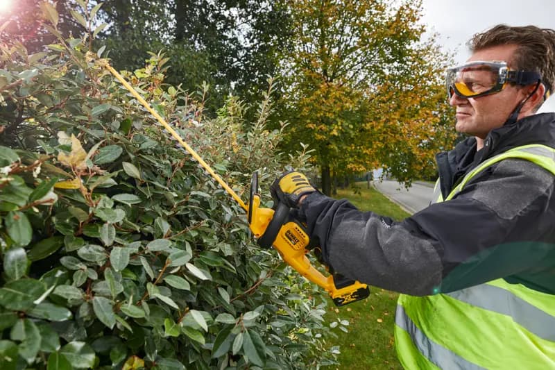Une personne taille des haies avec une DEWALT DCM563PB, à l'extérieur près d'une rue et d'arbres en automne.